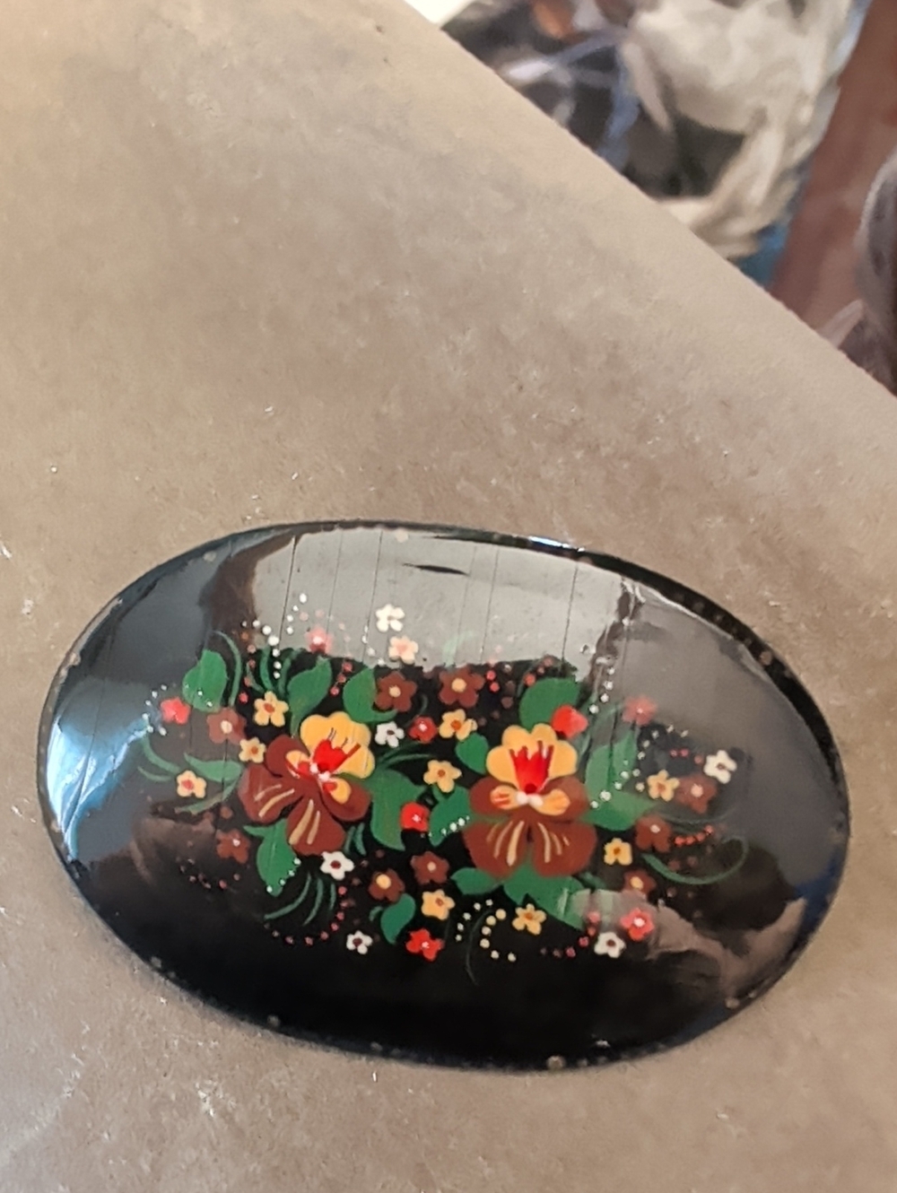 Russian Floral Pin Hand-Painted Brooch 1.75" C clasp Vintage Folk Art Black